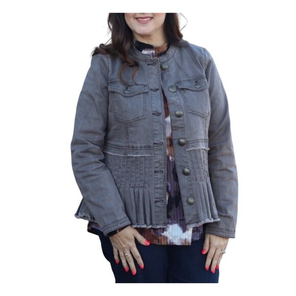 Logo Lori Goldstein Peplum Denim Jacket Size 12 Ruffle Fringe Coquette Cotton - Picture 1 of 10